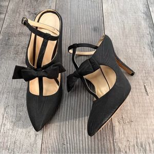 Nine West Taffeta Black Bow Ankle Strap Pointed Toe Mule Heels 7